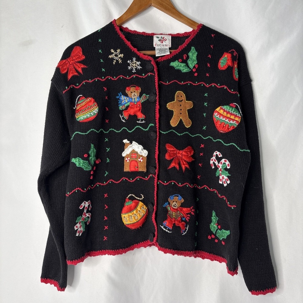 Vtg Nutcracker Women L Ugly Christmas Holiday Sweater‎ Button Up Black Cardigan